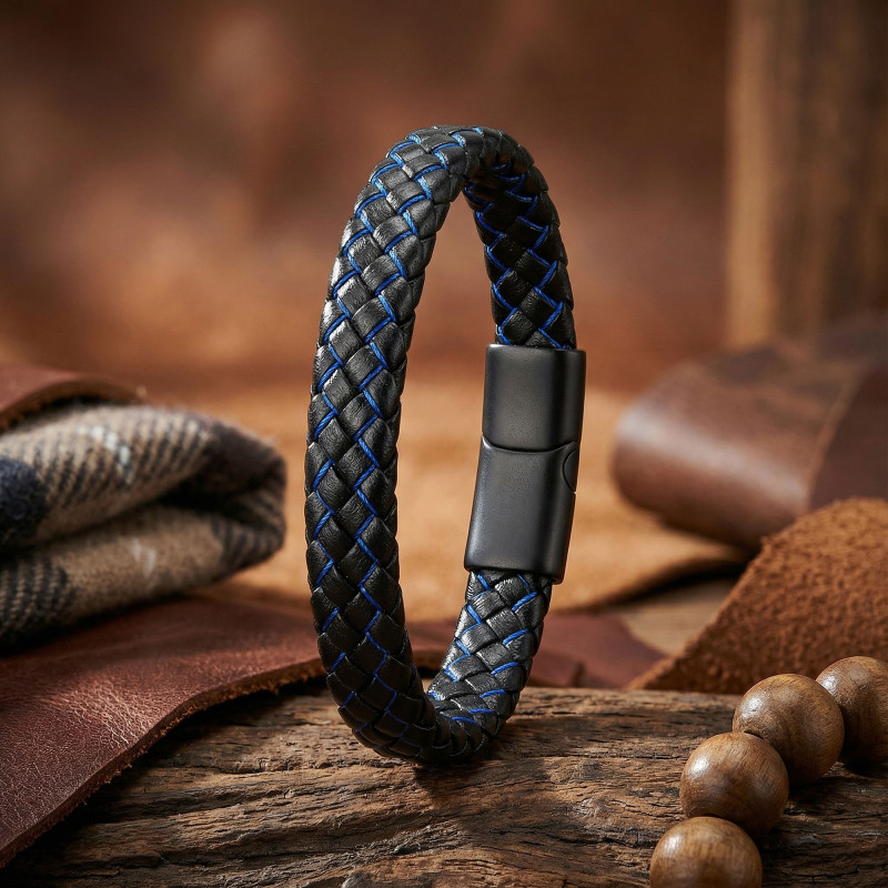 Mavi Siyah Deri Örgü Çelik Bileklik Mavi Siyah Deri Örgü Çelik Bileklik