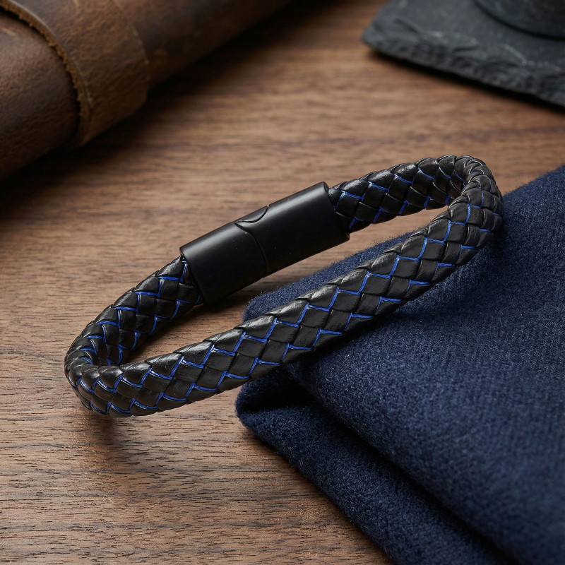 Mavi Siyah Deri Örgü Çelik Bileklik Mavi Siyah Deri Örgü Çelik Bileklik