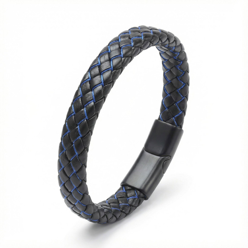 Mavi Siyah Deri Örgü Çelik Bileklik Mavi Siyah Deri Örgü Çelik Bileklik