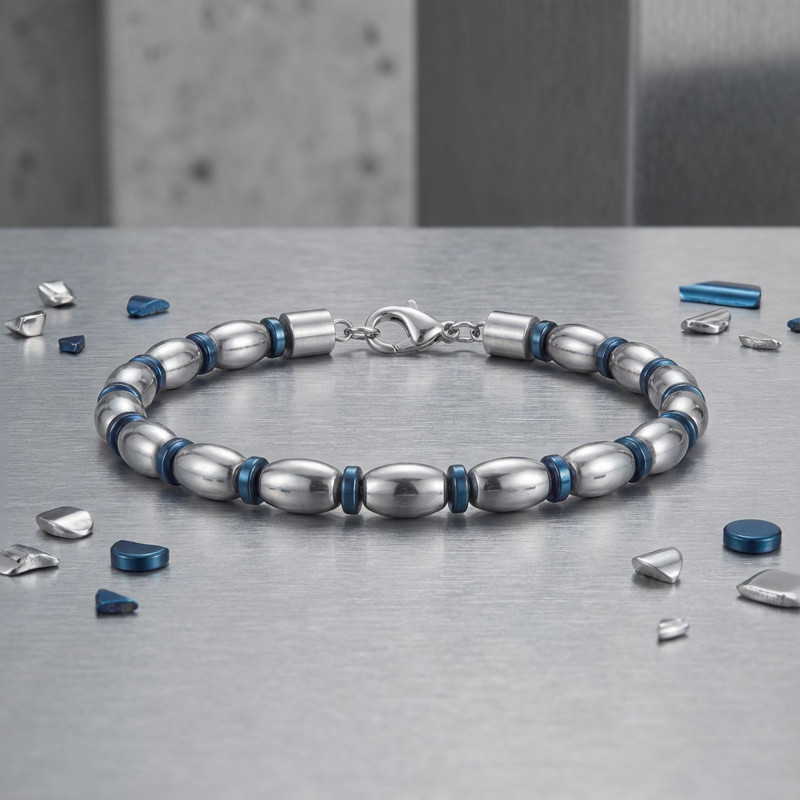 Mavi Ve Gümüş Hematit Doğal Taşlı Ayarlanabilir Çelik Zincir Bileklik