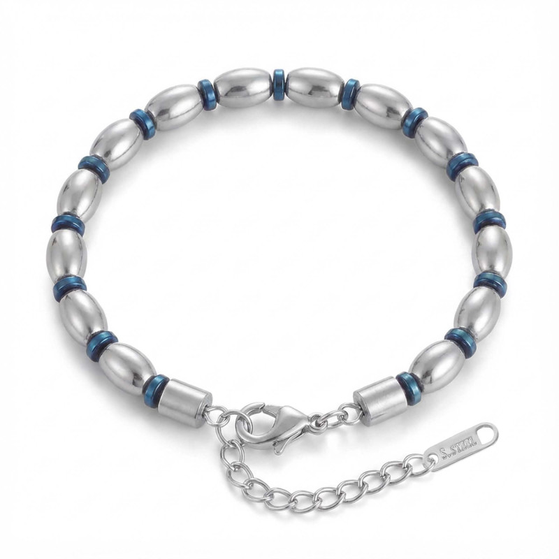 Mavi Ve Gümüş Hematit Doğal Taşlı Ayarlanabilir Çelik Zincir Bileklik