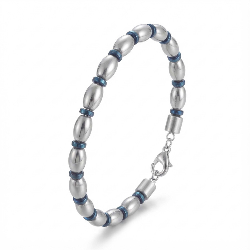 Mavi Ve Gümüş Hematit Doğal Taşlı Ayarlanabilir Çelik Zincir Bileklik