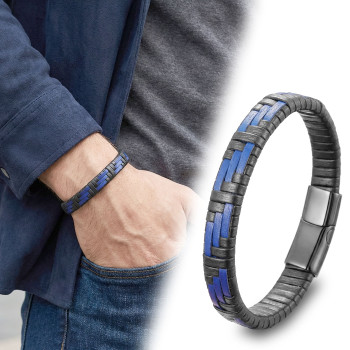 Mavi Ve Siyah Deri Örgü Ve Çelik Bileklik