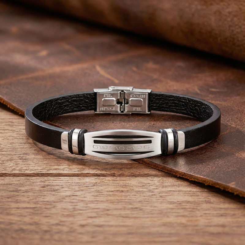 Motifli Ayarlanabilir Kordonlu Erkek Deri Ve Çelik Bileklik