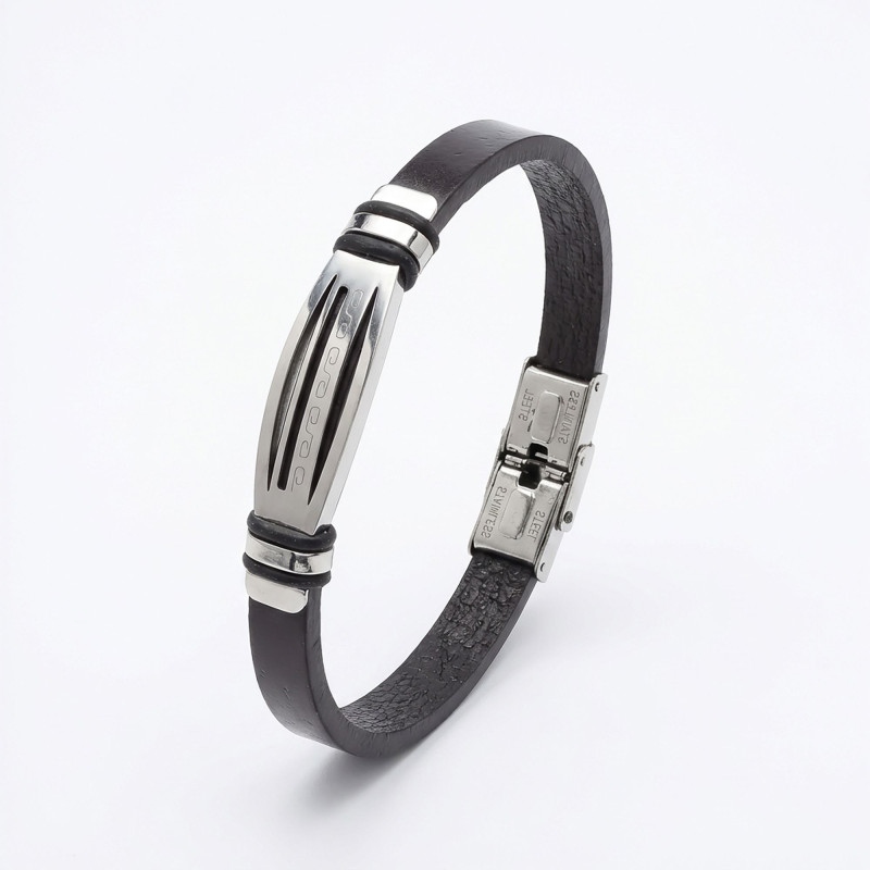 Motifli Ayarlanabilir Kordonlu Erkek Deri Ve Çelik Bileklik