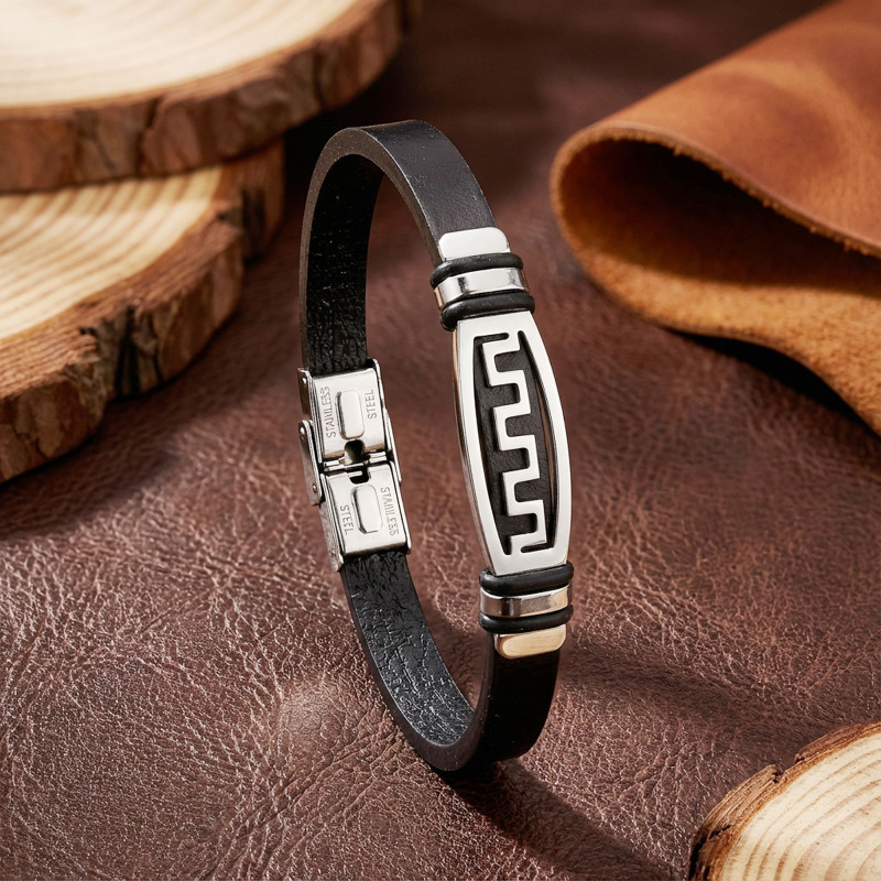 Motifli Ayarlanabilir Kordonlu Erkek Deri Ve Çelik Bileklik Motifli Ayarlanabilir Kordonlu Erkek Deri Ve Çelik Bileklik