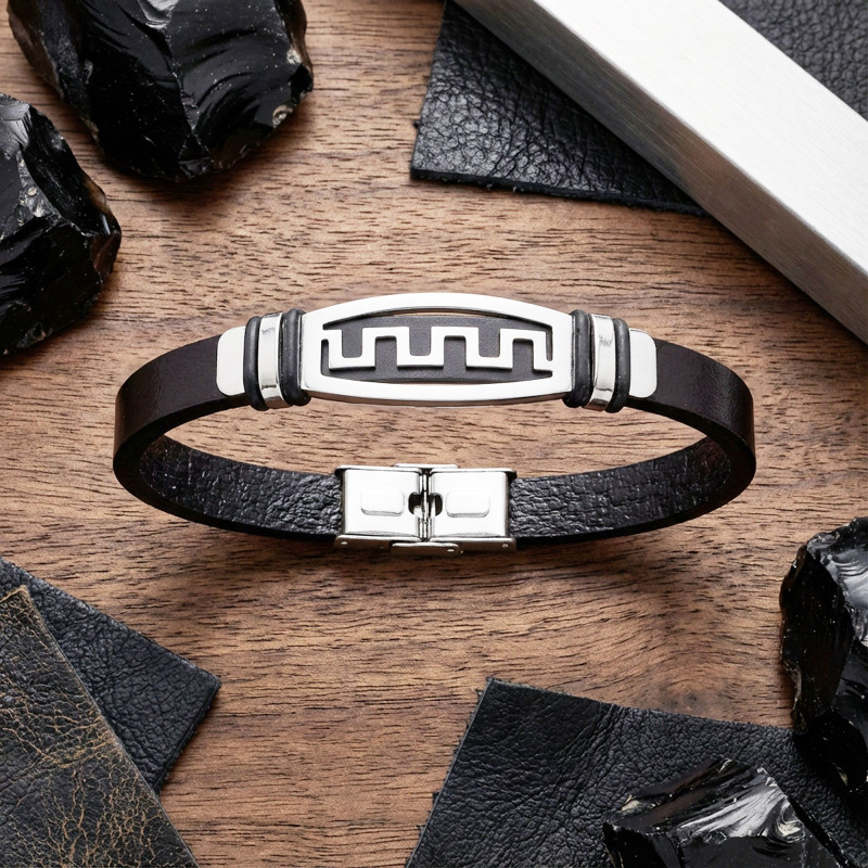 Motifli Ayarlanabilir Kordonlu Erkek Deri Ve Çelik Bileklik Motifli Ayarlanabilir Kordonlu Erkek Deri Ve Çelik Bileklik