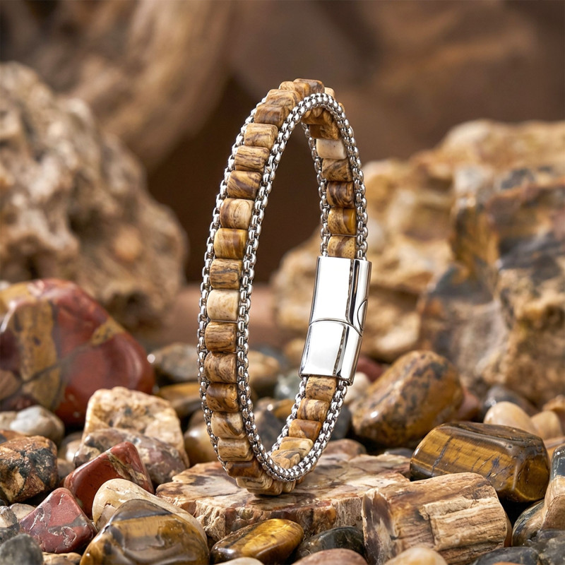 Odun Jasper Doğal Taşlı Hasır Örgü Zincirli Erkek Çelik Bileklik Odun Jasper Doğal Taşlı Hasır Örgü Zincirli Erkek Çelik Bileklik