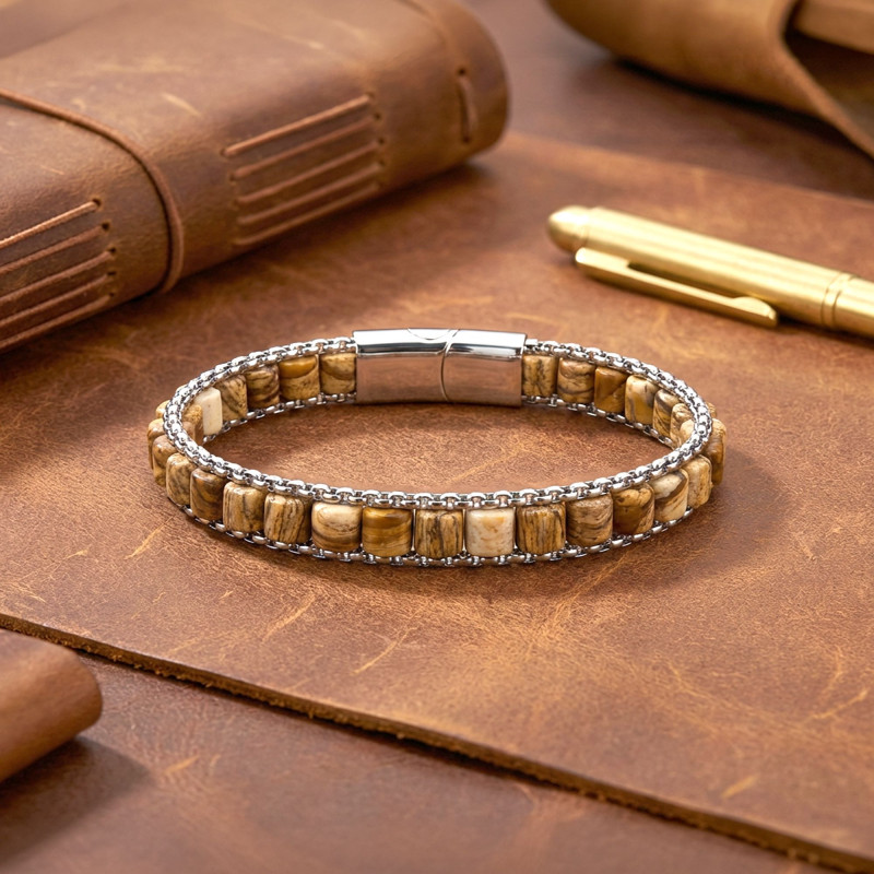 Odun Jasper Doğal Taşlı Hasır Örgü Zincirli Erkek Çelik Bileklik Odun Jasper Doğal Taşlı Hasır Örgü Zincirli Erkek Çelik Bileklik