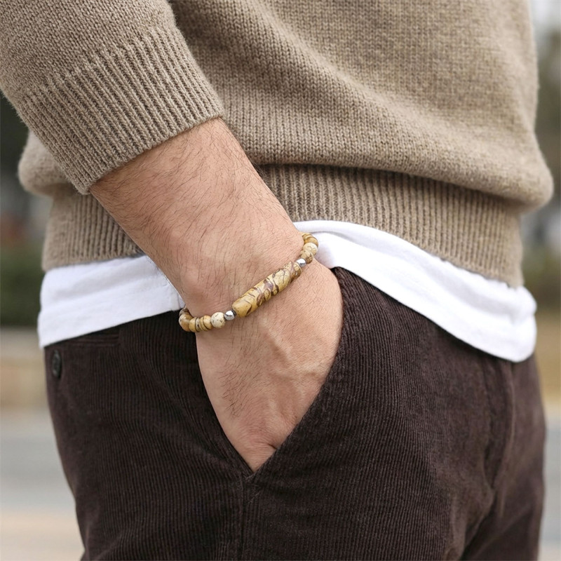 Odun Jasper Doğaltaş Çelik Halat Ve Çelik Klipsli Bileklik Odun Jasper Doğaltaş Çelik Halat Ve Çelik Klipsli Bileklik