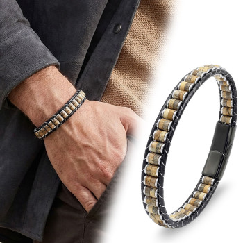 Odun Jasper & Hematit Çelik Örgülü Deri Bileklik