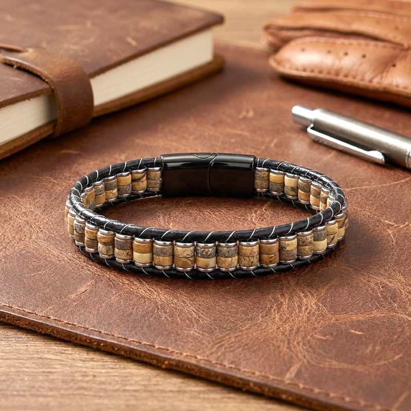 Odun Jasper & Hematit Çelik Örgülü Deri Bileklik