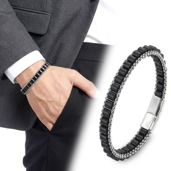 Oniks Doğal Taşlı Hasır Örgü Zincirli Erkek Çelik Bileklik