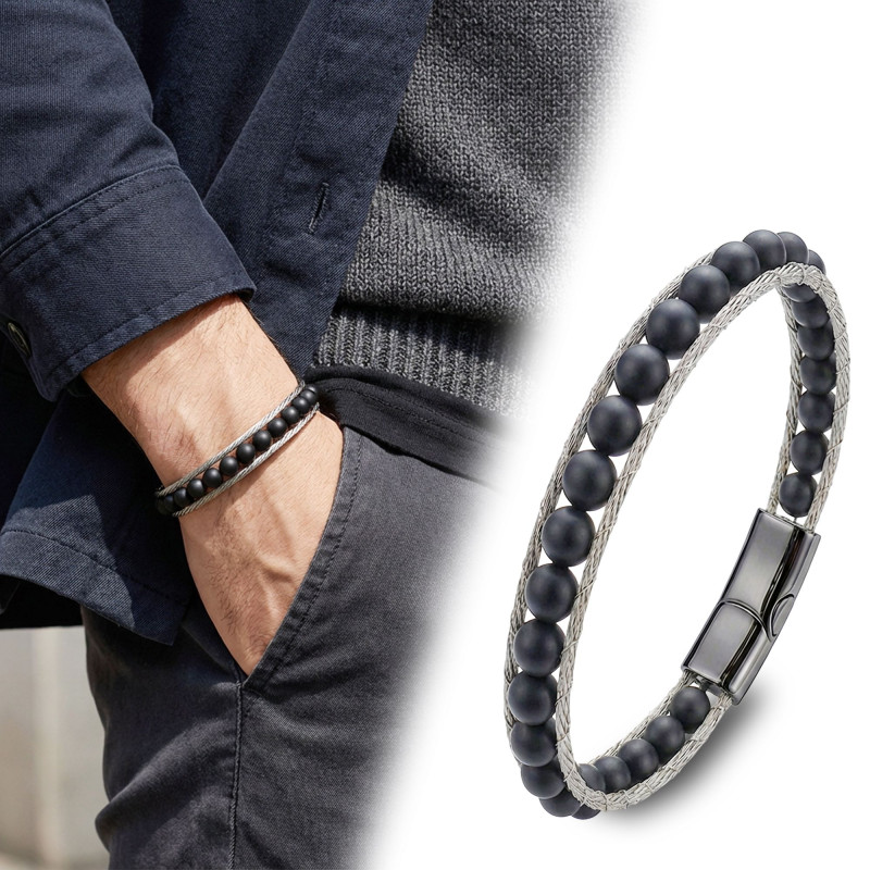 Oniks Doğaltaş Ve Çelik Halat Örme Bileklik