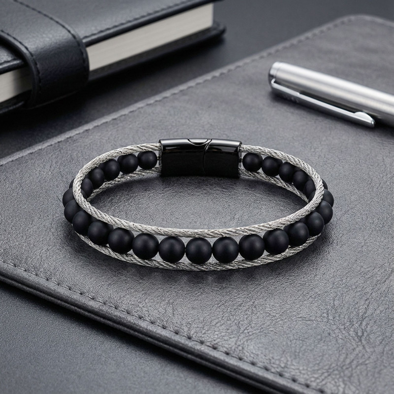 Oniks Doğaltaş Ve Çelik Halat Örme Bileklik