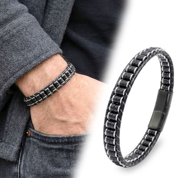 Oniks & Hematit Çelik Örgülü Deri Bileklik