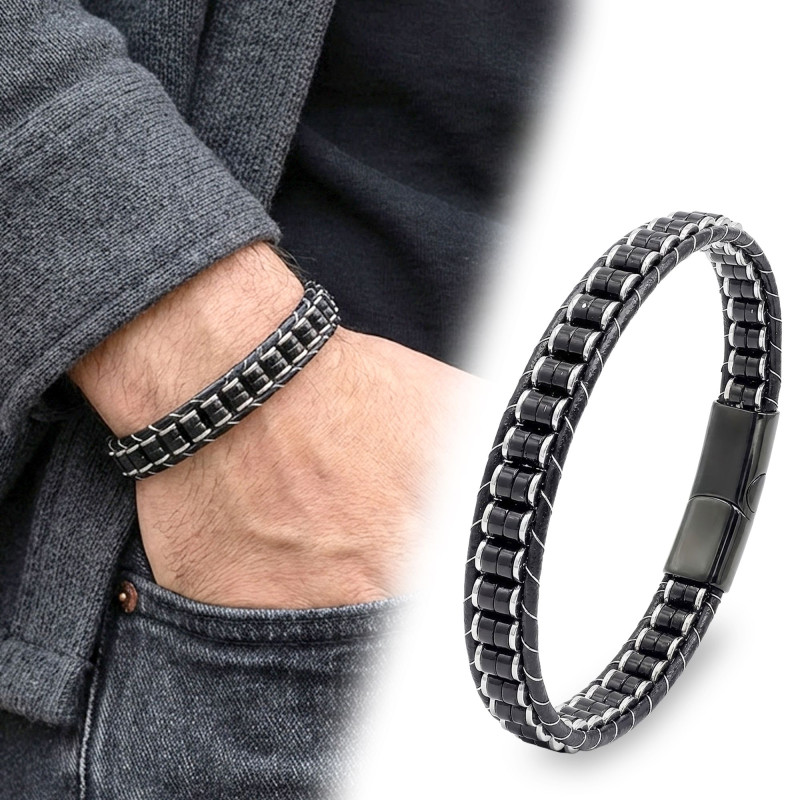 Oniks & Hematit Çelik Örgülü Deri Bileklik