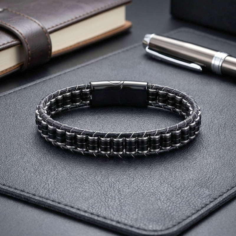 Oniks & Hematit Çelik Örgülü Deri Bileklik