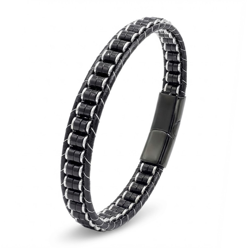 Oniks & Hematit Çelik Örgülü Deri Bileklik