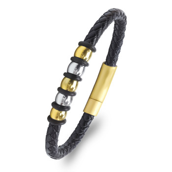 Orijinal Deri ve 316L Gold Çelik Erkek Bileklik