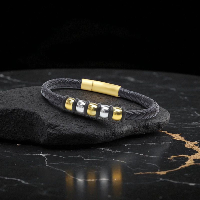 Orijinal Deri ve 316L Gold Çelik Erkek Bileklik