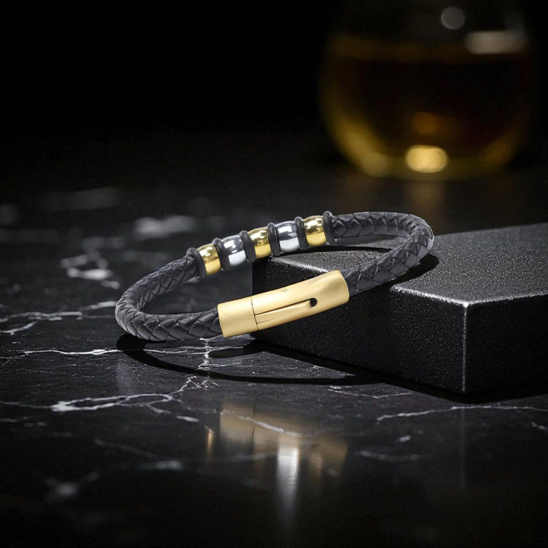 Orijinal Deri ve 316L Gold Çelik Erkek Bileklik