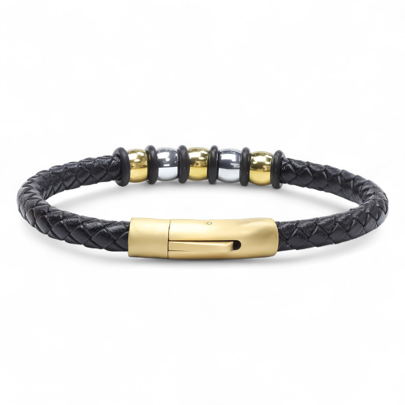 Orijinal Deri ve 316L Gold Çelik Erkek Bileklik