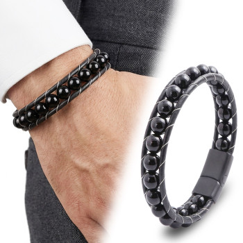 Parlak Oniks Taşı Örmeli Deri Bileklik