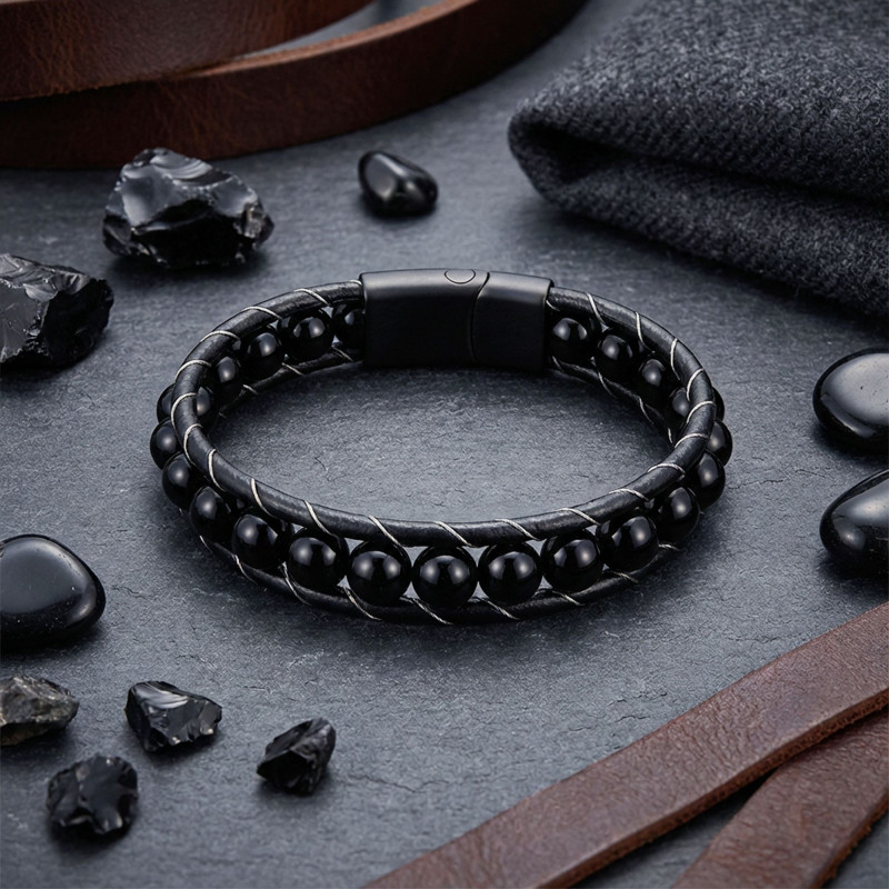 Parlak Oniks Taşı Örmeli Deri Bileklik Parlak Oniks Taşı Örmeli Deri Bileklik