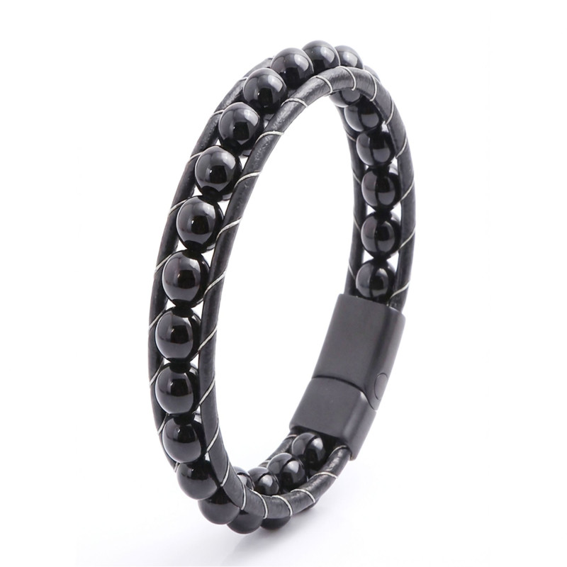 Parlak Oniks Taşı Örmeli Deri Bileklik Parlak Oniks Taşı Örmeli Deri Bileklik