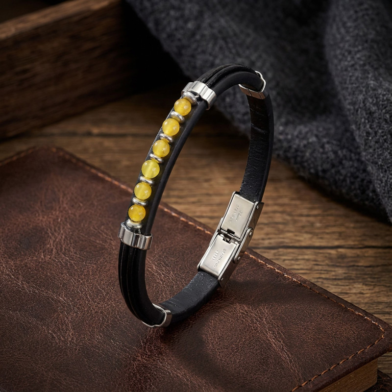 Sarı Akik Taşlı Deri Bileklik