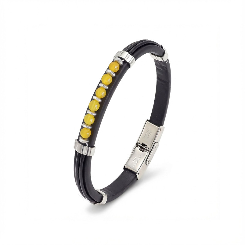 Sarı Akik Taşlı Deri Bileklik