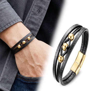 Sarı Çelik Top Ve Siyah Deri Bileklik