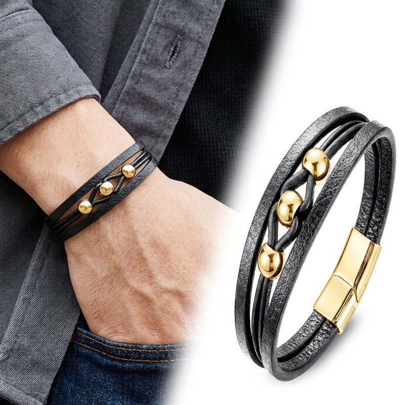 Sarı Çelik Top Ve Siyah Deri Bileklik Sarı Çelik Top Ve Siyah Deri Bileklik