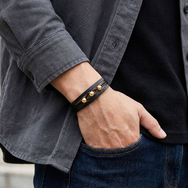 Sarı Çelik Top Ve Siyah Deri Bileklik Sarı Çelik Top Ve Siyah Deri Bileklik