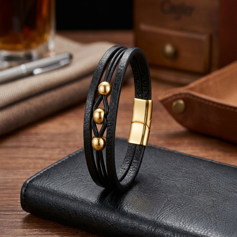 Sarı Çelik Top Ve Siyah Deri Bileklik Sarı Çelik Top Ve Siyah Deri Bileklik