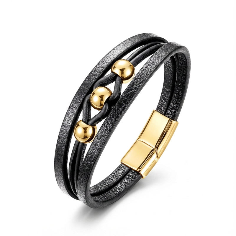 Sarı Çelik Top Ve Siyah Deri Bileklik Sarı Çelik Top Ve Siyah Deri Bileklik