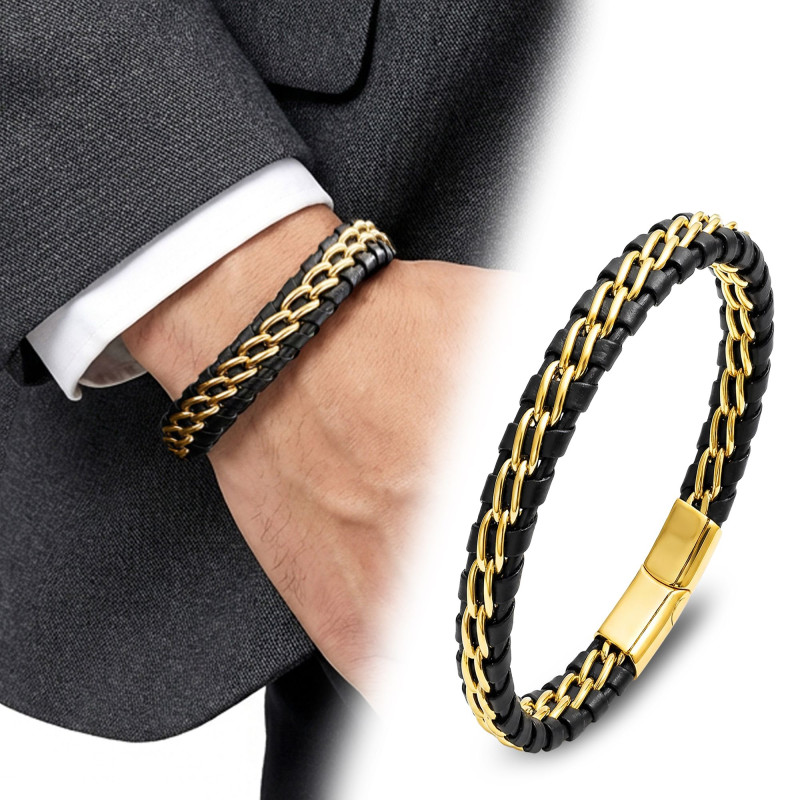 Sarı Çift Zincir Çelik Ve Deri Bileklik Sarı Çift Zincir Çelik Ve Deri Bileklik