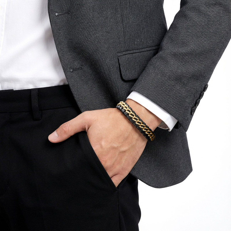 Sarı Çift Zincir Çelik Ve Deri Bileklik Sarı Çift Zincir Çelik Ve Deri Bileklik