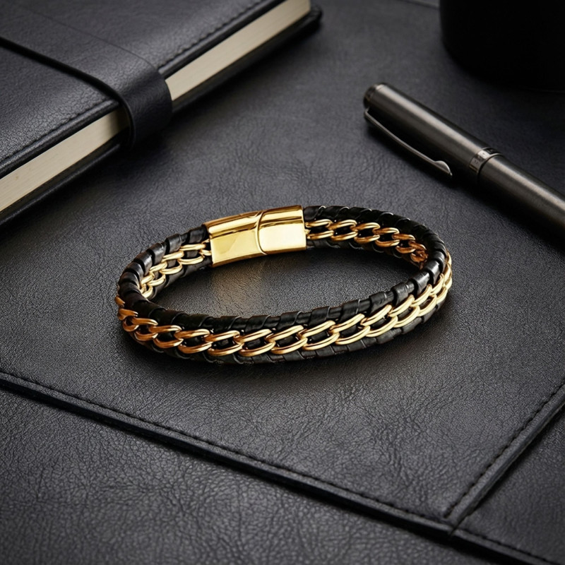 Sarı Çift Zincir Çelik Ve Deri Bileklik Sarı Çift Zincir Çelik Ve Deri Bileklik