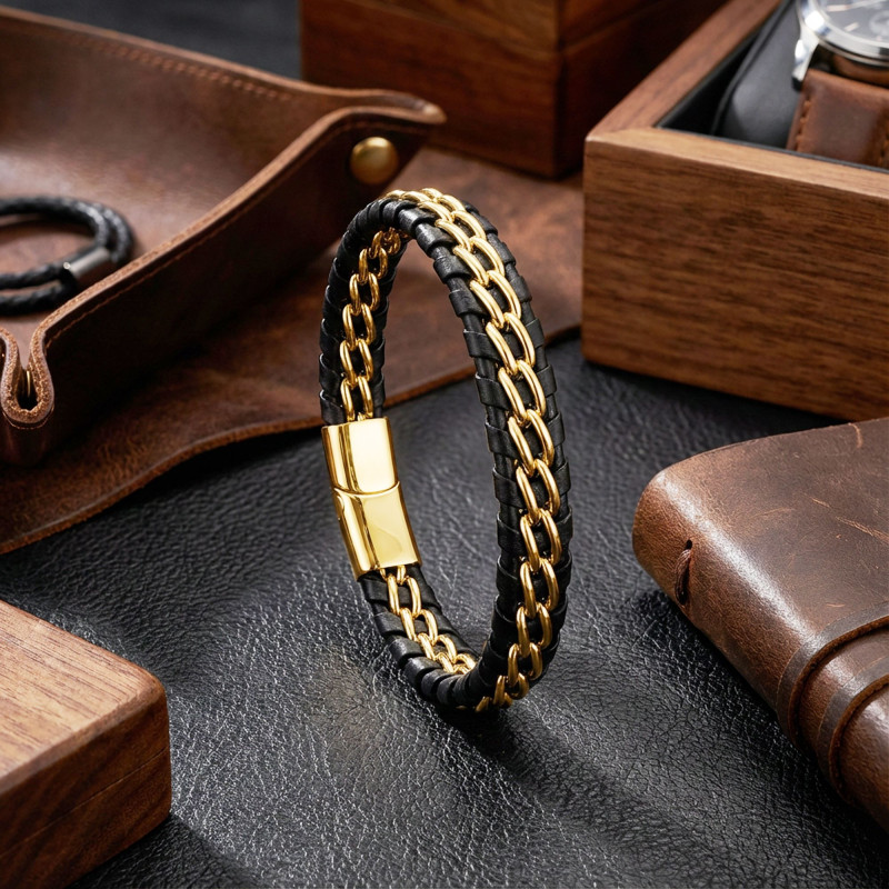 Sarı Çift Zincir Çelik Ve Deri Bileklik Sarı Çift Zincir Çelik Ve Deri Bileklik