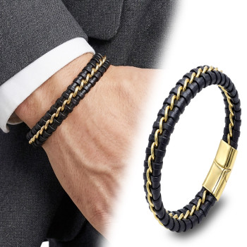 Sarı Zincir Ve Deri Dolama Çelik Bileklik