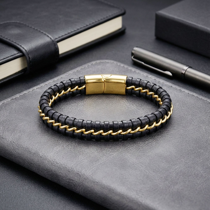 Sarı Zincir Ve Deri Dolama Çelik Bileklik Sarı Zincir Ve Deri Dolama Çelik Bileklik