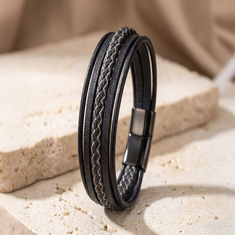 Siyah Beyaz Çoklu Deri Bileklik