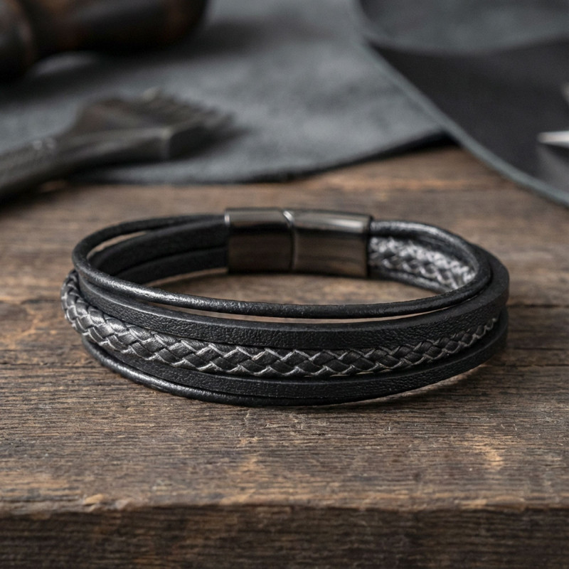 Siyah Beyaz Çoklu Deri Bileklik