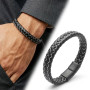 Black and White Braided Leather Steel Men's Bracelet
