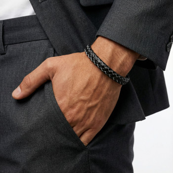 Black and White Braided Leather Steel Men's Bracelet Black and White Braided Leather Steel Men's Bracelet