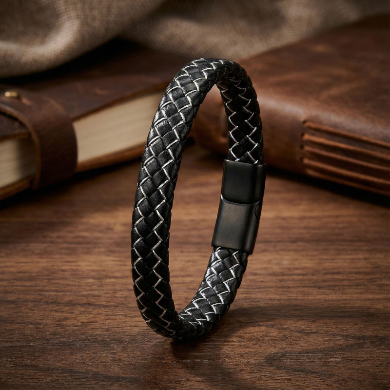Black and White Braided Leather Steel Men's Bracelet