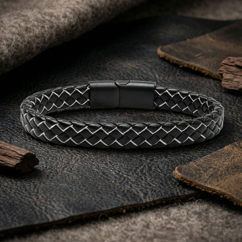Black and White Braided Leather Steel Men's Bracelet