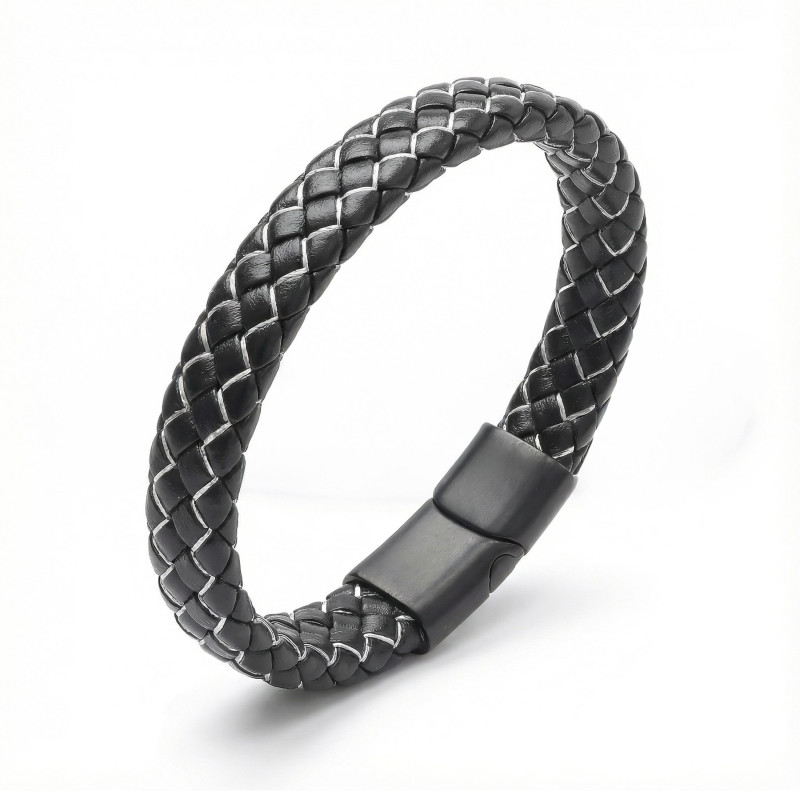 Black and White Braided Leather Steel Men's Bracelet